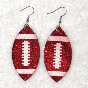 Red Glitter Football Silver Earrings